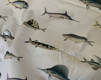 SAMPLE - Key West Coastal Fabric, Upholstery Home Decor Soft Furnishings, Vintage Grey Blue Fish, Original Design, PEBBLE grey