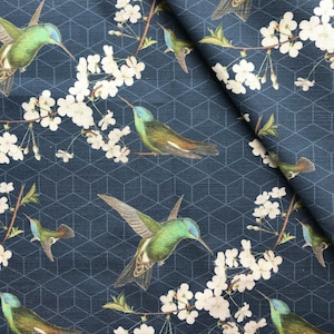 Hummingbird Cherry Blossom, Upholstery Soft Furnishings Home Decor Fabric, Navy Blue, Exotic Geometric, Original Design, Sold by the Metre