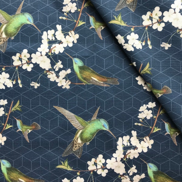 Hummingbird Cherry Blossom, Upholstery Soft Furnishings Home Decor Fabric, Navy Blue, Exotic Geometric, Original Design, Sold by the Metre
