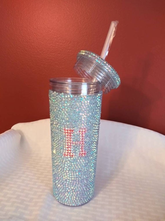 Blue, Red Letter, Tumbler, Cup, With Straw, Bling, AB Crystals,  Simplykns12, Gems, Sparkles, Iced Out, Dressage, Jewels, Creative 