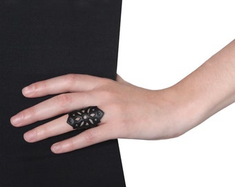 Black Leather jewelry - boho - witchy - goth - unisex - gender free - alternative - Leather Baroque ring