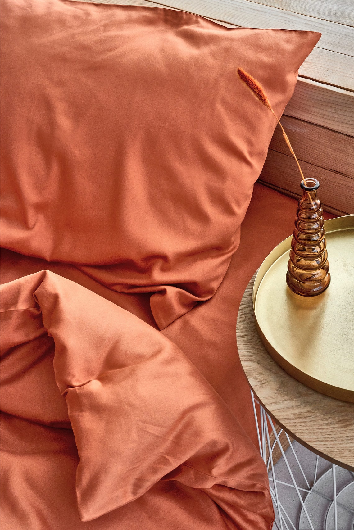 4 Pieces Apricot Cotton Satin Bedding Set Orange Cotton Duvet Etsy