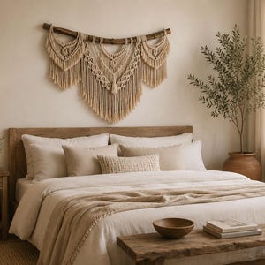 Boho makraméväggbonad | Stor handgjord bomullsväggdekoration | Neutral fiberkonst | Vävd gobeläng | Vardagsrums- och sovrumsinredning