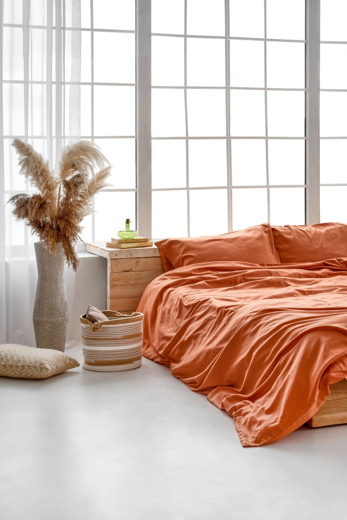 4 Pieces Apricot Cotton Satin Bedding Set Orange Cotton Duvet Etsy