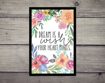 A Dream Is A Wish Your Heart Makes, nursery decor girl, nursery decor, nursery art prints, baby shower gift, new baby, nursery decor boy