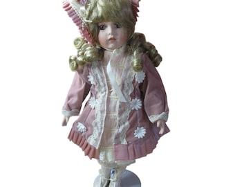 1998 Collectible Porcelain Doll Pink Dress Hat Roses William Tung 16" Tuss Inc.