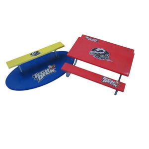 May include: A red picnic table and bench set with silver legs, a yellow bench, and a blue oval base. The set features the "Tech Deck" logo and a graphic of a skull. The set is designed for toy skateboards.