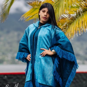 Teal Alpaca Poncho | Hooded Alpaca Poncho with a Traditional Design from Ecuador | Boho Hippie Wool Poncho | Unisex Soft and Warm Poncho