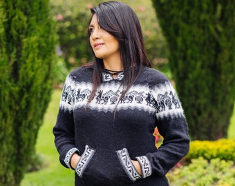 Handmade Alpaca Hooded Sweater | Black Patterned Cardigan, Pockets (S/M)