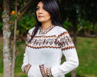 Women's Alpaca Hooded Sweater | White Boho Fringe Cardigan | Handmade Peruvian Knit