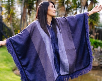 Handmade Purple Alpaca Poncho | Fringed Boho Outerwear