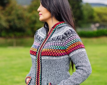 Grey Alpaca Sweater Knitted With a Rainbow Design Pattern