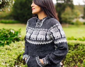 Charcoal Alpaca Sweater with a Llama Traditional Peruvian Design | Warm Alpaca Cardigan Softer than Cashmere Wool | Alpaca Lightweight Coat