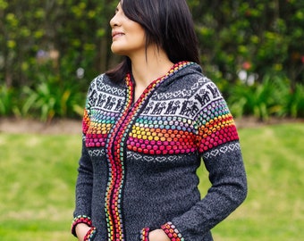 Hooded Alpaca Sweater | Dark Gray Cardigan, Rainbow Gradient