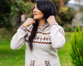 Beige Alpaca Cardigan Sweater – Traditional Hooded Boho Pullover