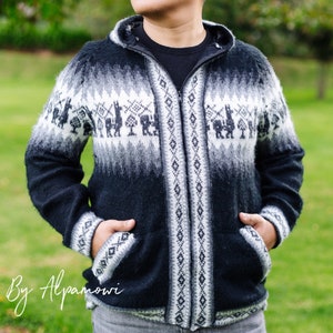 Hooded Men's Alpaca Full Zip Sweater | Soft and Cozy Cardigan | Men Sweater with Alpacas Print In Front & Back | Best Father's Day Gift