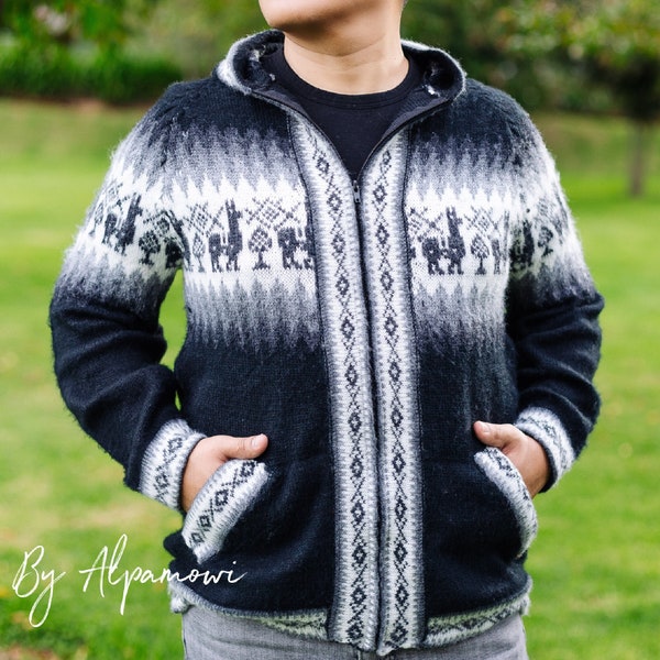 Hooded Men's Alpaca Full Zip Sweater | Soft and Cozy Cardigan | Men Sweater with Alpacas Print In Front & Back | Best Father's Day Gift