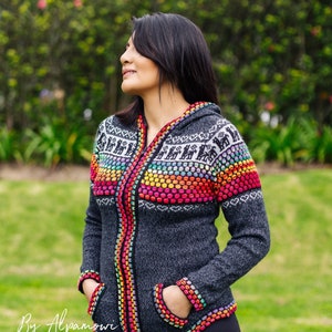 Dark Gray Hooded Alpaca sweater with Pockets | Rainbow Gradient Pattern Cardigan | Super Soft Spring Sweater | Gifts for Her | Mother's Day