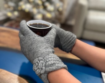 Handcrafted Alpaca Gloves with Fuzzy Lining for Extra Warmth | Cozy, Stylish, and Soft with Delicate Flower Detail | Stylish and Elegant