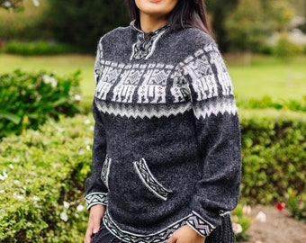 Charcoal Alpaca Sweater with a Llama Traditional Peruvian Design | Warm Alpaca Cardigan Softer than Cashmere Wool | Alpaca Lightweight Coat