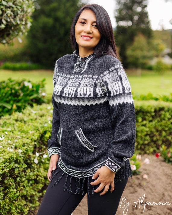 Alpaca Llama Sweater | Charcoal Peruvian Design, Lightweight Coat