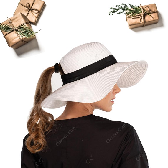 Floppy Ponytail Woven Hat With Ribbon 