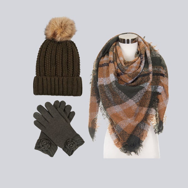 Coffret cadeau chaleureux et élégant : ensemble bonnet, écharpe et gants pour un confort douillet | Ensemble tricoté | Combo unique d’écharpe de gants de chapeau | Des vêtements d'hiver élégants