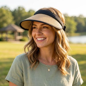 May include: A straw visor with a black band and brim is worn by a person. The visor is made of woven straw material and has a curved brim. The black band wraps around the head and has a small bow on the side. The person is wearing a green shirt.