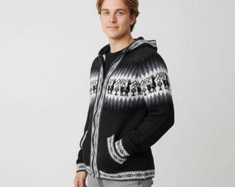 Men’s Peruvian Cotton Zip Hoodie – Soft Lightweight Artisan Sweater with Alpaca Design
