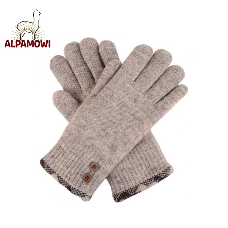 May include: A pair of gray knitted gloves with brown trim and two buttons on the cuff.