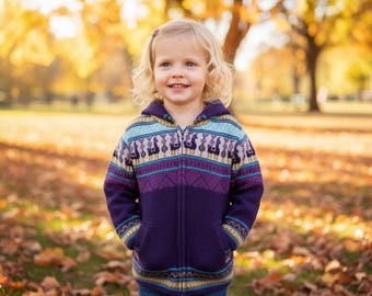 Handmade Purple Alpaca Sweater – Girls' Hooded Knit Jacket