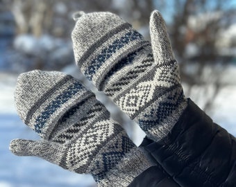 Alpaca Wool Convertible Mittens • One Size • Lightweight Warm Winter Gloves • Handmade in Grey, Red, Navy and Black Colors