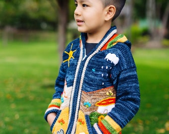 Adorable Handmade Kids Sweater with Playful Animal Patches - Vibrant Peruvian Knitwear for Stylish Little Explorers - Unique kids sweater