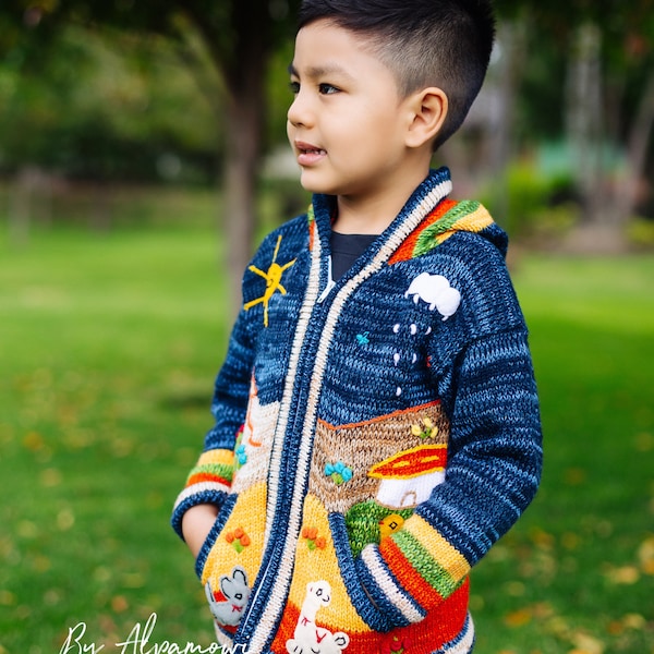 Adorable Handmade Kids Sweater with Playful Animal Patches - Vibrant Peruvian Knitwear for Stylish Little Explorers - Unique kids sweater