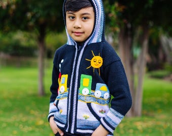 Handmade Kids Hooded Sweater, Train Patch Knit, Peruvian Artisan Gift for Boys