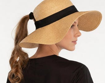 Ponytail Sun Hat for Women, Wide Brim Straw, Messy Bun Beach Summer