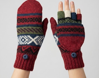 Luvas conversíveis de alpaca vermelha | Luvas de lã Fair Isle | Presente quentinho para ela