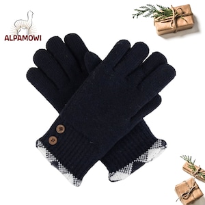 May include: A pair of navy blue knit gloves with white trim and two brown buttons on the cuff.