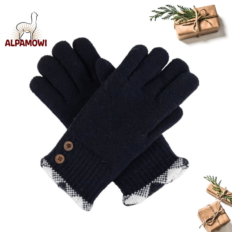 May include: A pair of navy blue knit gloves with white trim and two brown buttons on the cuff.