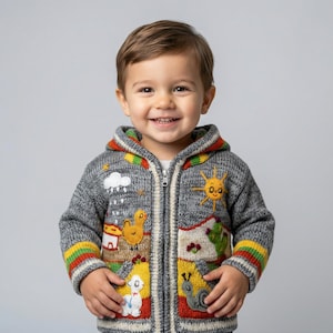 Beautiful Knitted Wool Kid Cardigan with Animals patchwork | Handmade cardigan for Baby and Toddler | Unique Baby Clothing | Gift for Kids