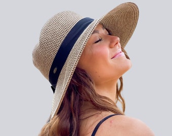 Sombrero de ala ancha para mujer / Sombrero de playa de novia radiante / Sombrero de playa de paja ajustable UPF 50 / Manténgase elegante y seguro bajo el sol / Sombrero de jardinería