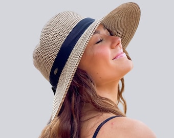 Chapeau à bord large pour femmes | Chapeau de plage Radiant Bride | Chapeau de plage en paille ajustable UPF 50 | Restez chic et en sécurité sous le soleil | Chapeau de jardin