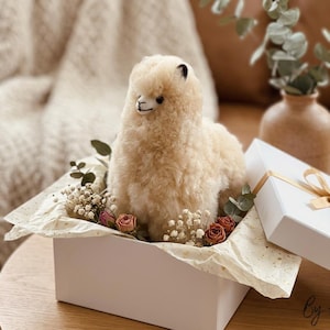Op de afbeelding: Een cr&egrave;me-kleurig alpaca speelgoed zit in een witte geschenkdoos met decoratief papier en gedroogde bloemen. De alpaca heeft zwarte accenten op zijn oren en gezicht. De doos is gedeeltelijk open en onthult een gouden lint.