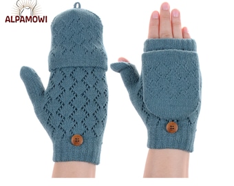 Green Aqua BEAR face convertible flip mittens gloves fingerless texting 