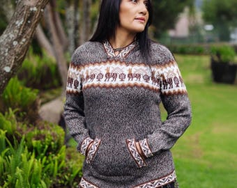 Mocha Alpaca Hooded Sweater | Handmade Fringe Knit Pullover | Warm Boho Artisan Knitwear for Women