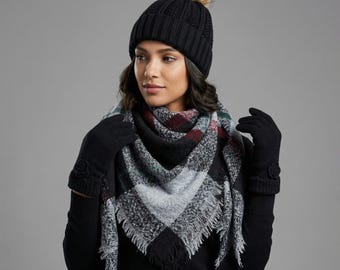 Ultimate Cozy Gift Set for Her: Chunky Knit Pom Beanie, Plaid Blanket Scarf & Alpaca Gloves | Winter Essentials Present