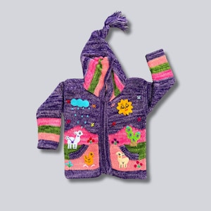 Beautiful Knitted Wool Kid Cardigan with Animals patchwork Handmade cardigan for Baby and Toddler Unique Baby Clothing Gift for Kids Purple