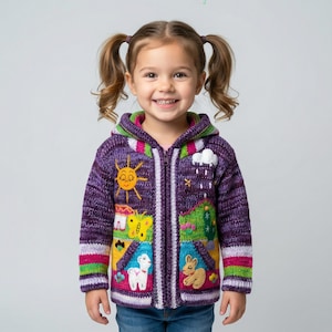 Beautiful Knitted Wool Kid Cardigan with Animals patchwork | Handmade cardigan for Baby and Toddler | Unique Baby Clothing | Gift for Kids