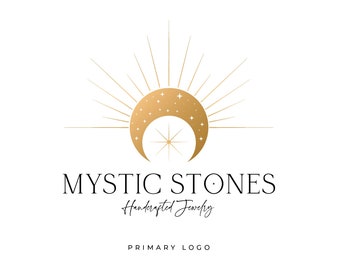 Jewelry Logo, Moon Logo, Boho Logo, Sunburst Logo, Beauty Logo, Branding Logo, Minimalist, Fine Jewellery Logo, Boutique Logo, Gemstone Logo