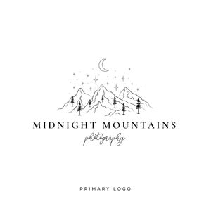 Logo montagna, logo fotografico, logo pino, logo luna, logo Boho, logo viaggio, alberi di pino, logo paesaggio, logo natura, logo marchio